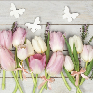 Salveta za dekupaž White & Pink Tulips on Wood - 1 kom